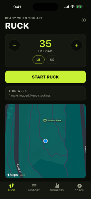 RuckMaxx home screen with a 35 lb load picker, Start Ruck button, and live map