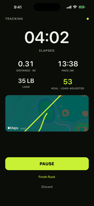 Live ruck session screen showing elapsed time, distance, pace, 35 lb load, load-adjusted calories, and a live route map