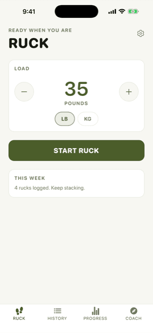 RuckMaxx light theme home screen